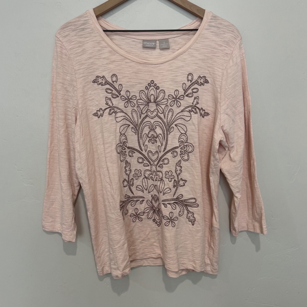 Chicos Pink Slub Knit Embroidered 3/4 Sleeve Top XL Size 3 XL